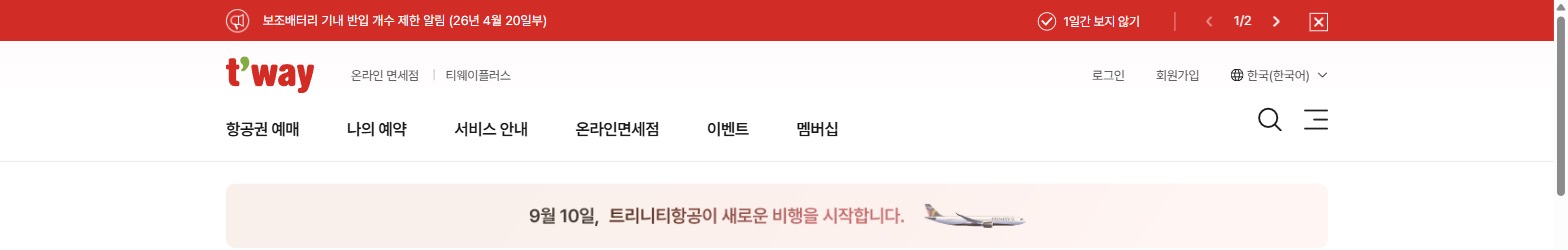 항공권 예매 화면에 트리니티항공 대신 옛 이름 티웨이로 표시된 모습