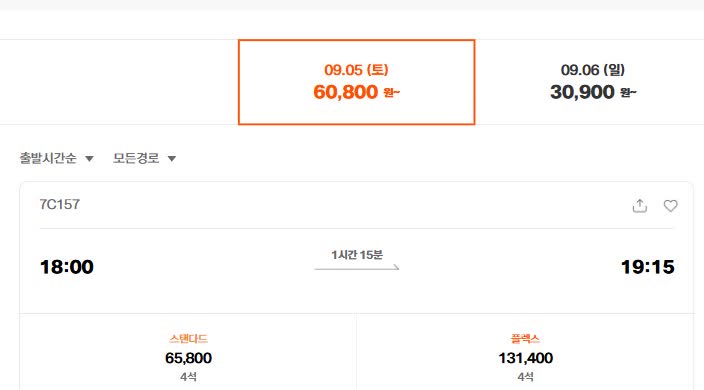 당일 항공권 조회 화면에서 오전·오후 편은 이미 사라지고 저녁 시간대만 몇 석 남은 모습
